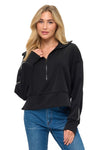 Black zip-up scuba top featuring stylish piping and a relaxed fit, perfect for casual wear at a Long Island boutique fashion.