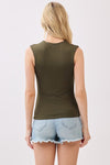 Sleeveless deep olive top with a double layer and wide shoulders, perfect for a chic look at your Long Island fashion boutique.
