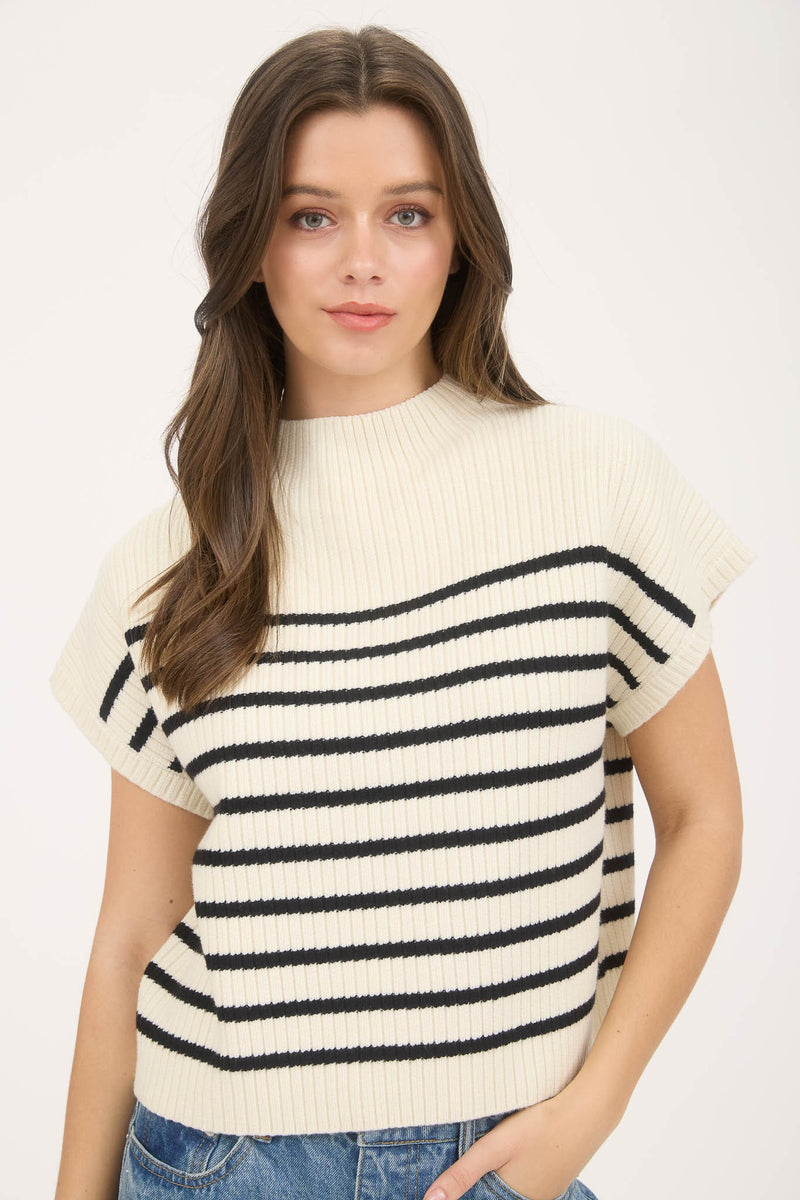 Stripe Mock Neck Short Sleeve Sweater