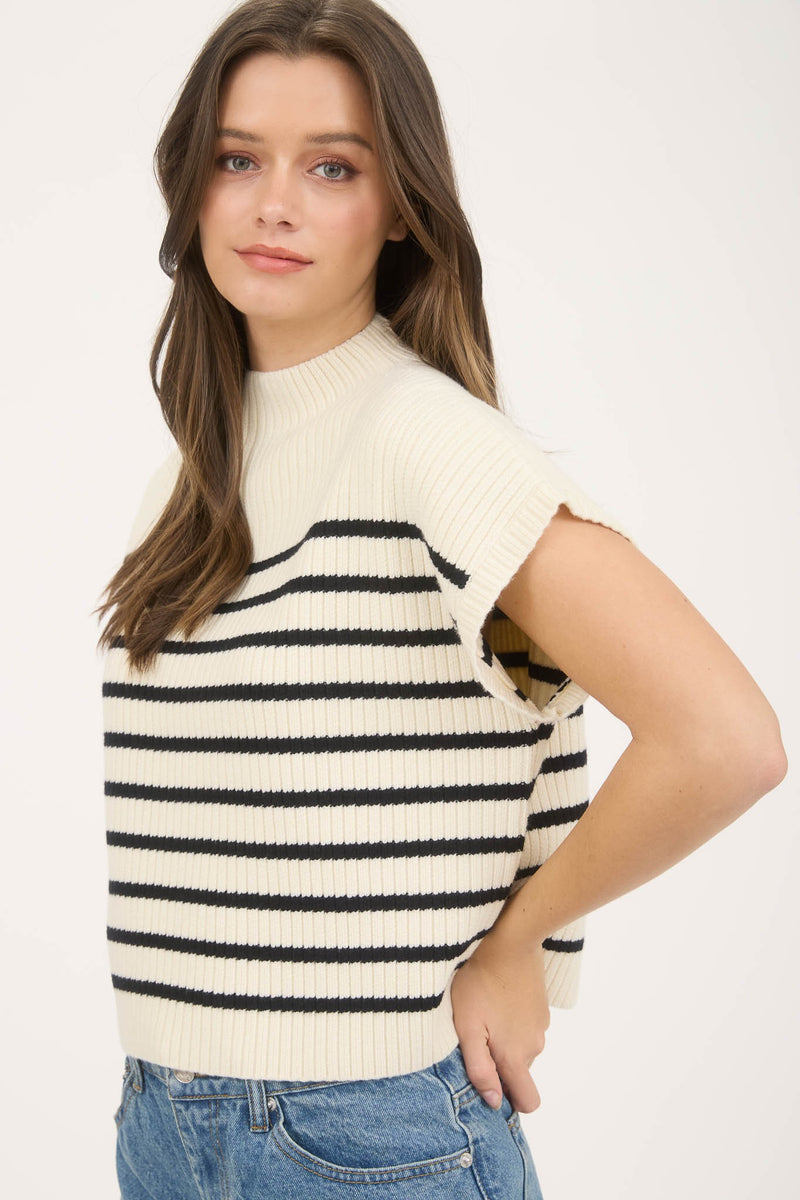 Stripe Mock Neck Short Sleeve Sweater