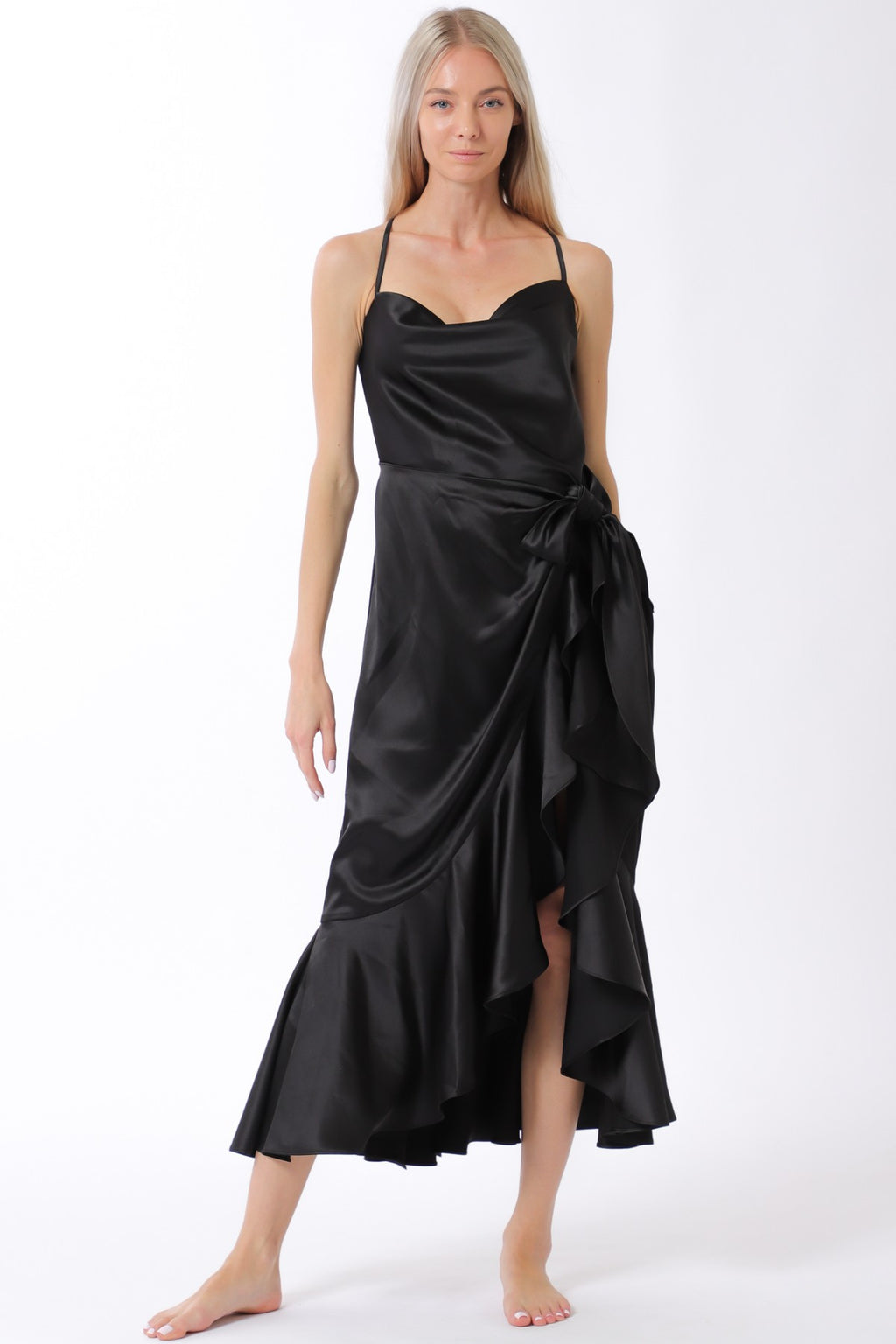 Slim-fitting black cowl neck midi dress with a tie front waist and elegant ruffle detail, perfect for Long Island boutique fashion.