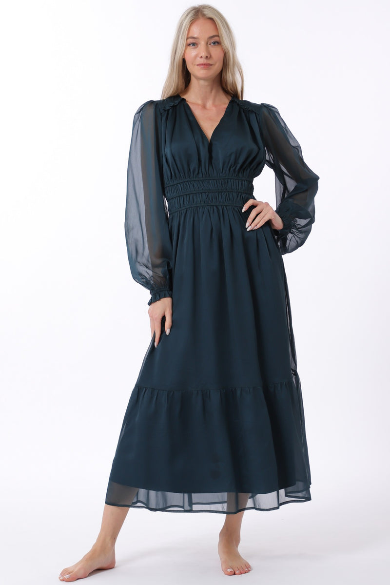 Long Sleeve Elastic Back Waisted Midi Dress