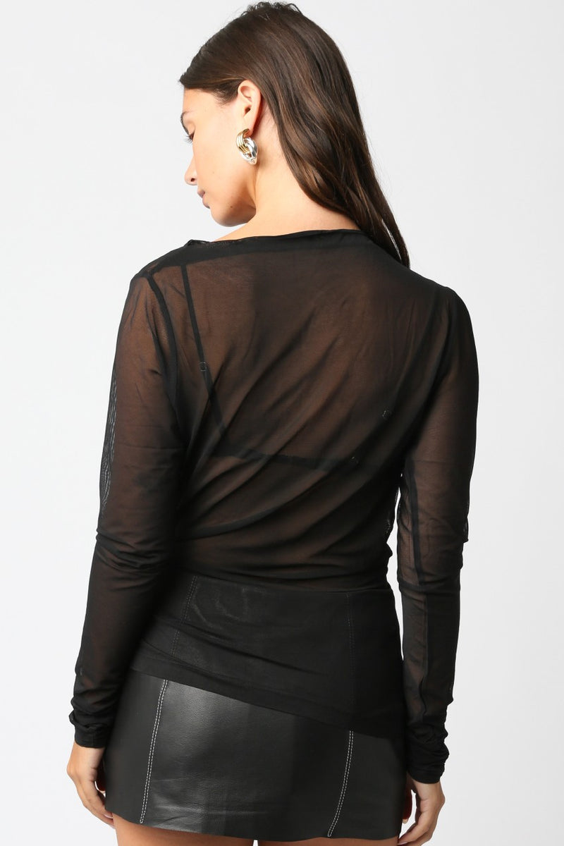 Sheer black long-sleeve mesh top with a fitted silhouette, perfect for layering in Long Island boutique fashion.