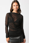 Black long-sleeve mesh top featuring a draped neckline and ruched detailing, perfect for stylish layering in Long Island boutique fashion.