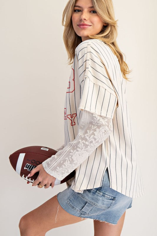 Pinstriped Game Day Lace Top