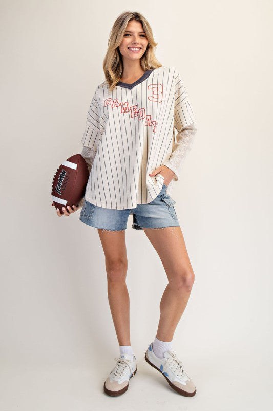Pinstriped Game Day Lace Top