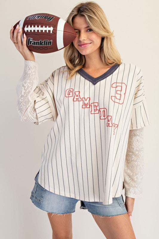 Pinstriped Game Day Lace Top