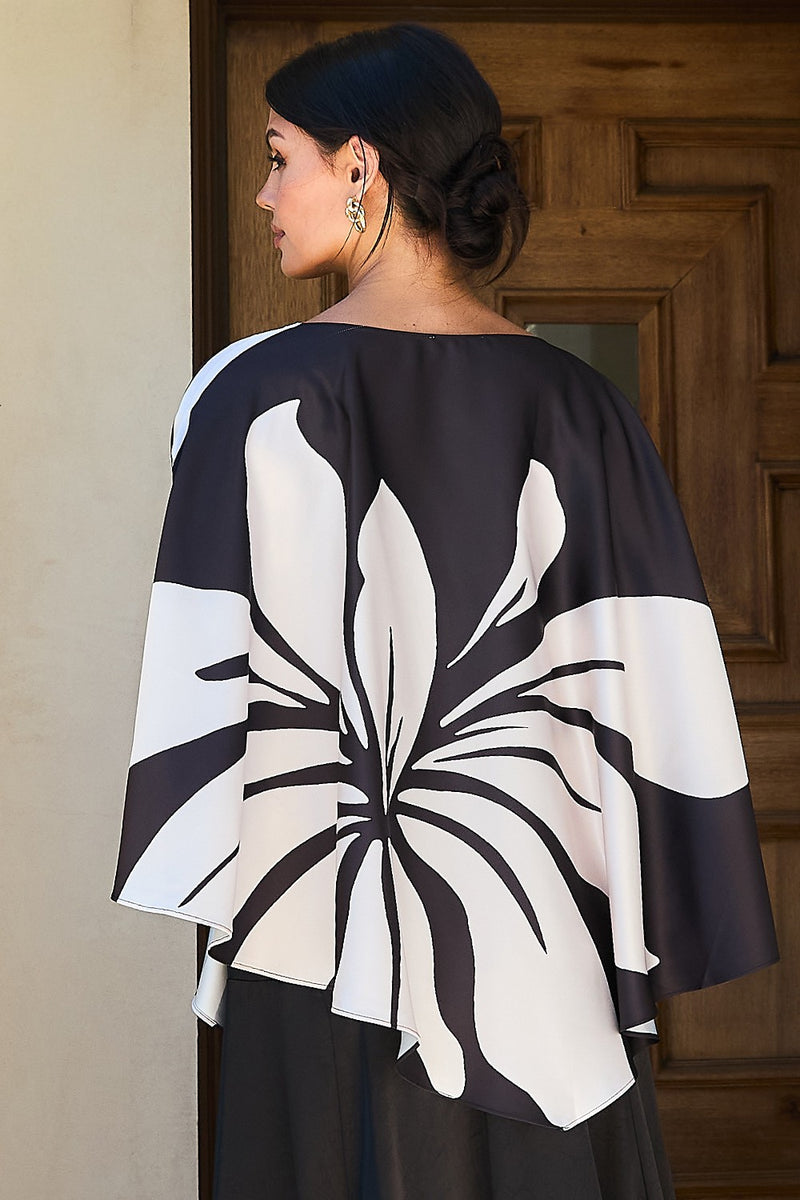 Oversized Floral Print Satin Cape Blouse