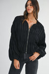 Pleated Balloon Sleeve Front Zip Up Blouse Jacket