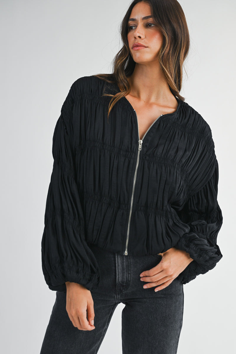 Pleated Balloon Sleeve Front Zip Up Blouse Jacket