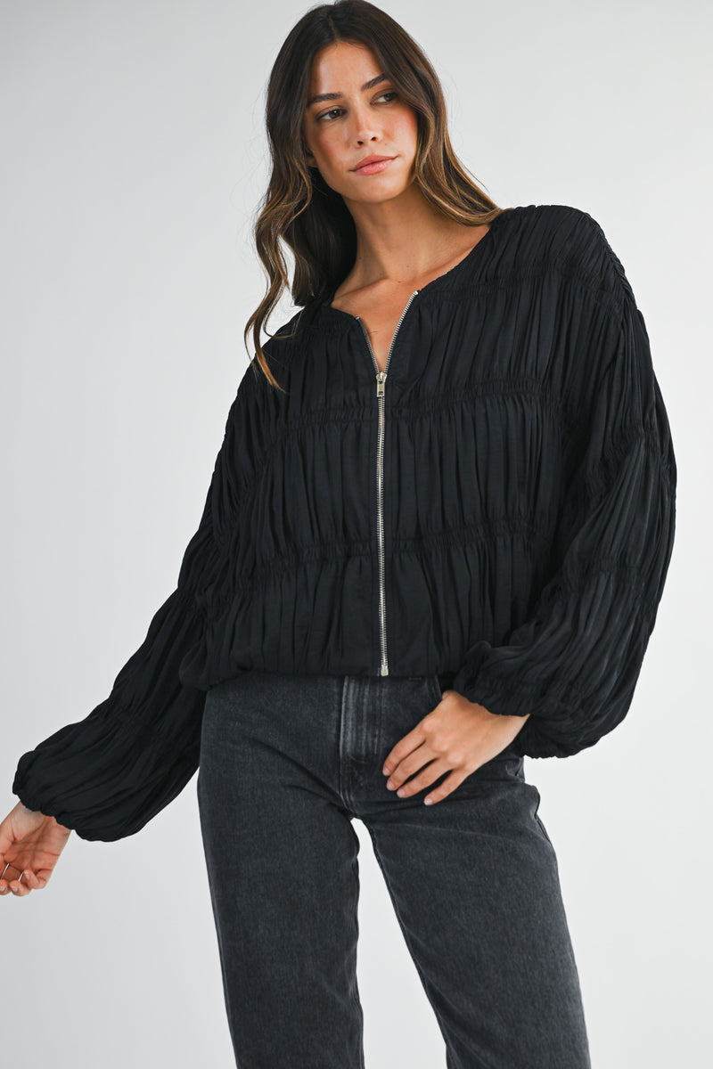Pleated Balloon Sleeve Front Zip Up Blouse Jacket