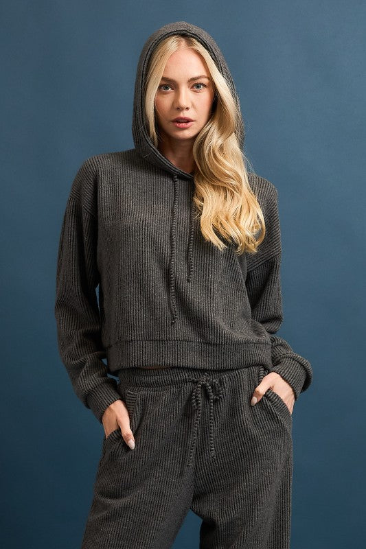 Cozy charcoal brushed rib hoodie with a relaxed fit, perfect for layering in stylish Long Island boutique fashion.