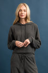 Cozy charcoal brushed rib hoodie with a relaxed fit, perfect for layering in stylish Long Island boutique fashion.