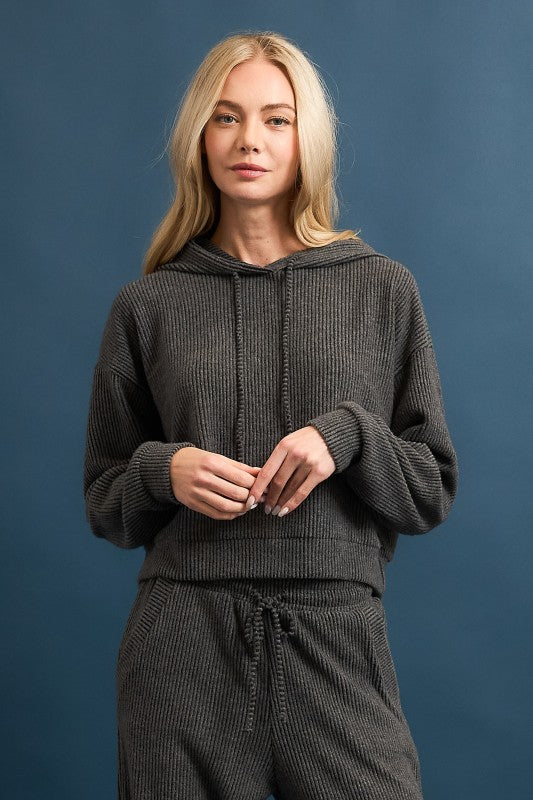 Cozy charcoal brushed rib hoodie with a relaxed fit, perfect for layering in stylish Long Island boutique fashion.