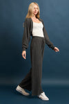 Brushed rib drawstring pants in deep gray feature a relaxed fit and wide legs, perfect for cozy, casual looks in Long Island boutique fashion.