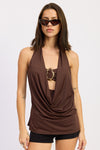 Drape cowl neck bandeau top in rich brown with a stylish gold accent, perfect for effortless Long Island boutique fashion looks.