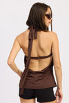Flowy brown drape cowl neck bandeau top with a stylish open back and tie detail, perfect for Long Island boutique fashion enthusiasts.