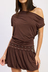 Asymmetrical brown bubble dress featuring a drapey fit and stylish grommet belt, perfect for Long Island boutique fashion lovers.