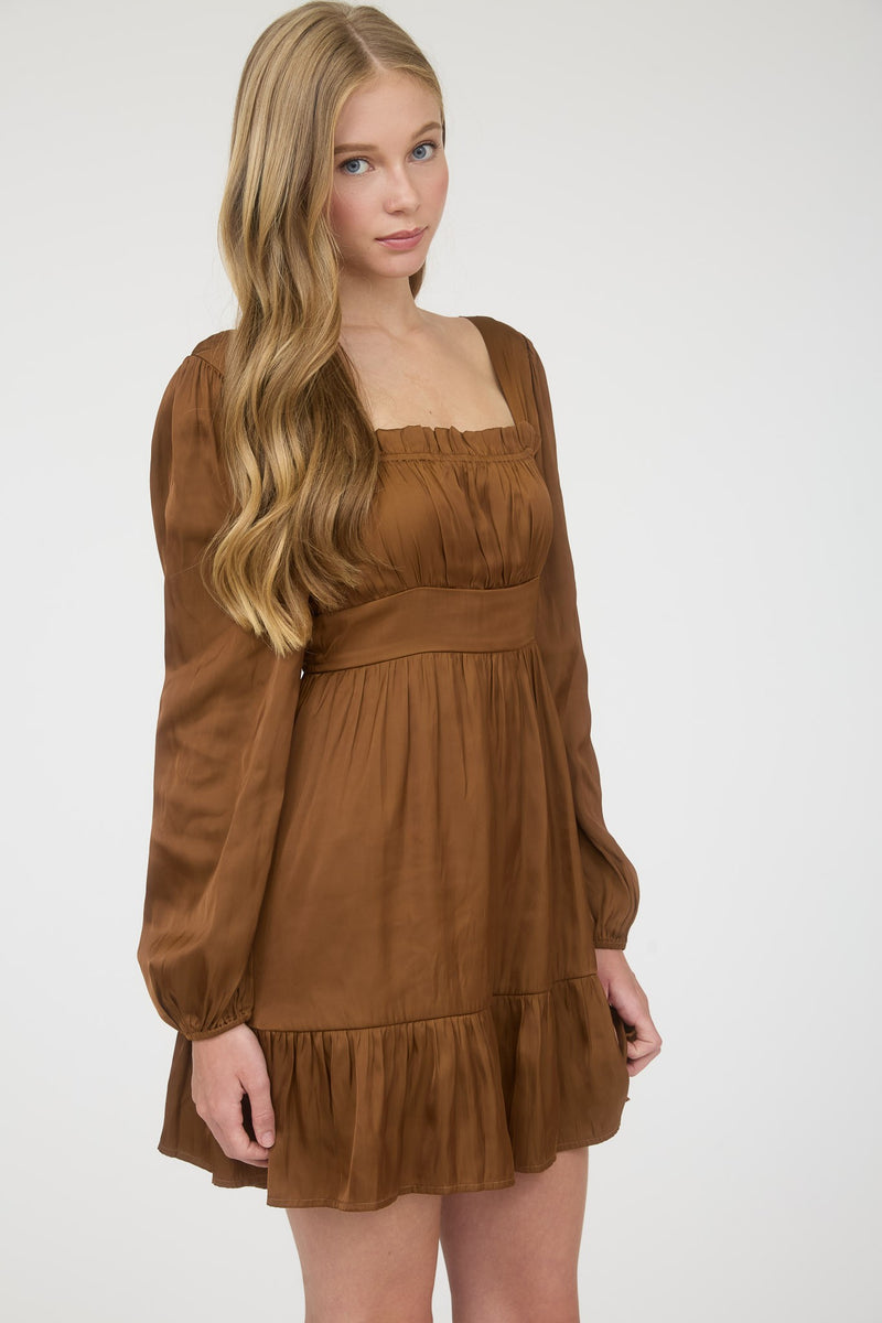 Satin Square Neck Long Sleeve Mini Dress