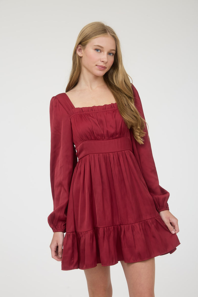 Satin Square Neck Long Sleeve Mini Dress