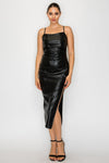 Sleek black faux leather bodycon midi dress featuring a stylish side slit and thin spaghetti straps, perfect for Long Island boutique fashion.