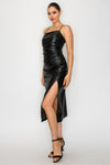 Sleek black faux leather bodycon midi dress featuring a thigh-high slit and adjustable spaghetti straps, perfect for Long Island boutique fashion.