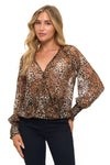 Leopard Lace Surplice Top With Smocking Cuffs