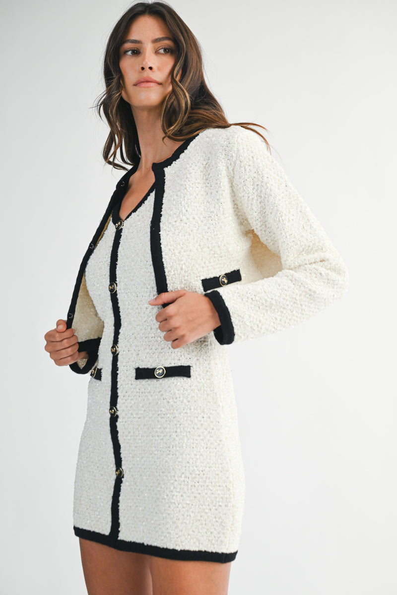 Tweed Knit Contrast Trim Mini Dress And Jacket Set
