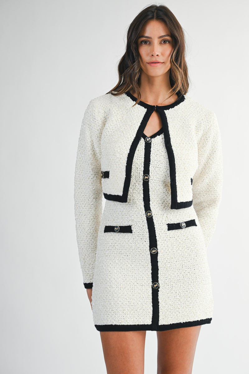 Tweed Knit Contrast Trim Mini Dress And Jacket Set