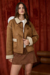 Cozy faux shearling suede toggle button jacket in rich tan, featuring a soft collar and plush-lined cuffs, perfect for Long Island boutique fashion.