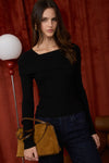 Asymmetrical black ribbed sweater featuring a unique fold-over design and long sleeves, perfect for Long Island boutique fashion.