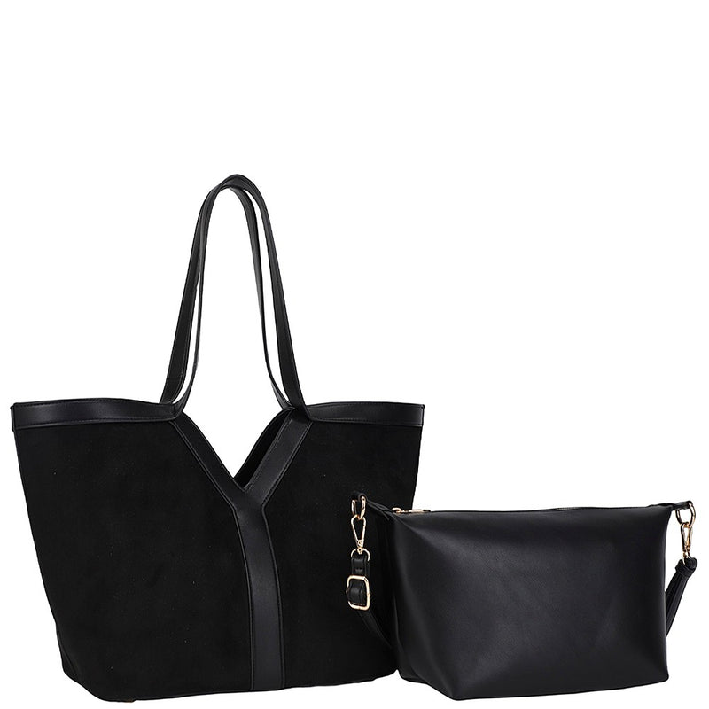 Stylish black tote bag paired with a sleek crossbody, featuring a textured finish and contrasting leather trim, perfect for Long Island boutique fashion.