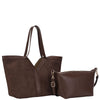 Stylish brown textured tote bag with a V-shaped design and matching crossbody pouch, perfect for Long Island boutique fashion.
