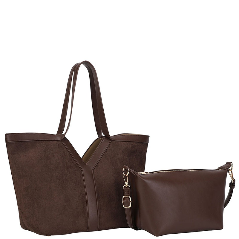 Stylish brown textured tote bag with a V-shaped design and matching crossbody pouch, perfect for Long Island boutique fashion.