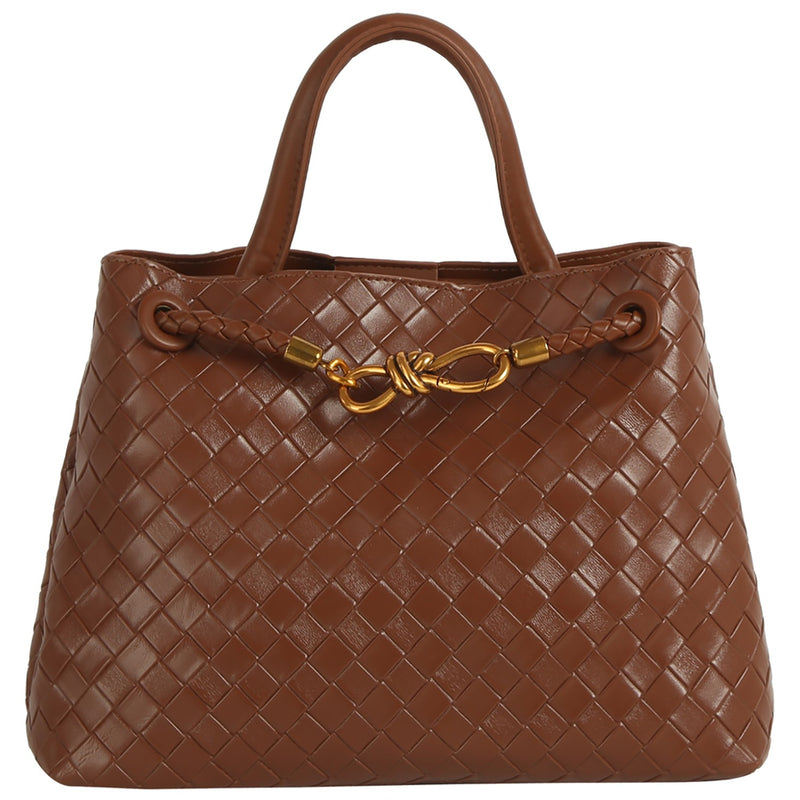 Stylish brown woven satchel features a braided handle and elegant gold clasp, perfect for Long Island boutique fashion enthusiasts.