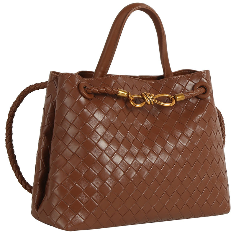 Stylish brown woven satchel with a braided handle and gold accents, perfect for adding elegance to any look in Long Island boutique fashion.