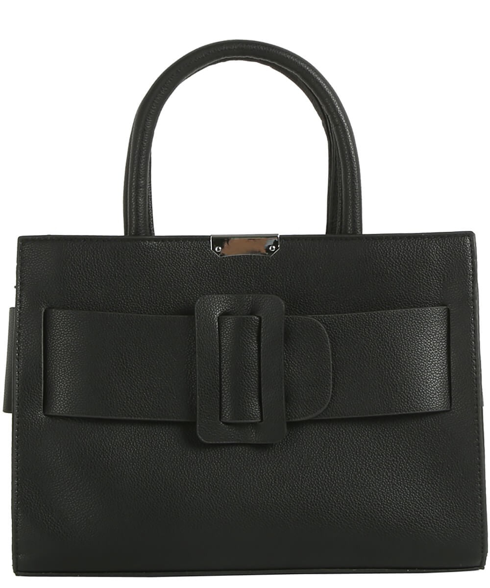 Chic black satchel featuring a bold buckle detail, crafted from textured material, perfect for Long Island boutique fashion enthusiasts.