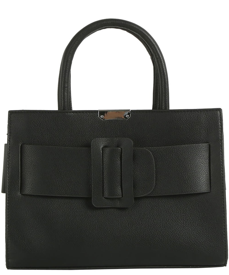 Chic black satchel featuring a bold buckle detail, crafted from textured material, perfect for Long Island boutique fashion enthusiasts.