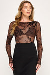 Sheer Floral Mesh Long-Sleeve Bodysuit Top
