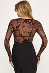 Sheer Floral Mesh Long-Sleeve Bodysuit Top