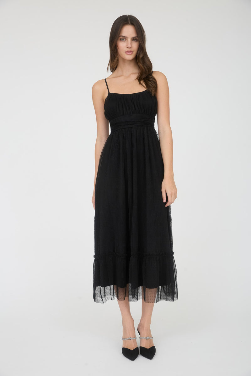 Polka Dot Tulle Spaghetti Strap Midi Dress