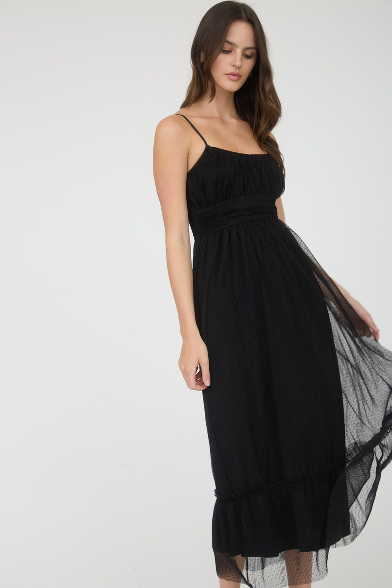 Polka Dot Tulle Spaghetti Strap Midi Dress