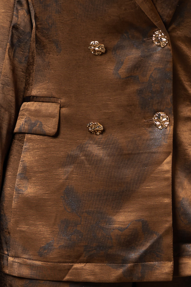 Long sleeve floral print blazer and matching pants set in rich brown tones, adding elegance to Long Island boutique fashion.