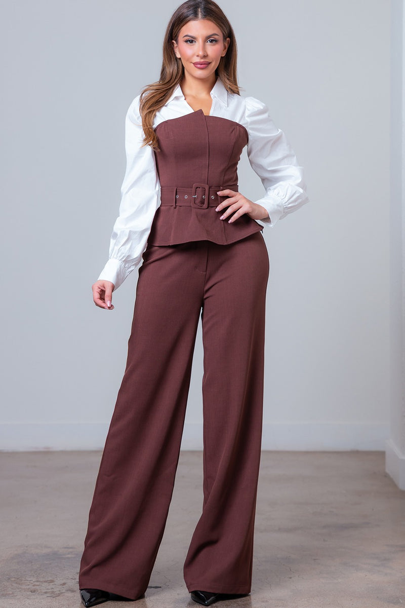 V-neck Line Layered Top And Pants Set