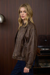 Brown washed faux leather collared zip-up jacket with a relaxed fit and subtle pocket details, perfect for Long Island boutique fashion.