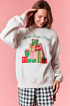 Cozy gray fleece sweatshirt featuring colorful embroidered holiday gifts and "Merry Every Thing" text, perfect for Long Island boutique fashion.