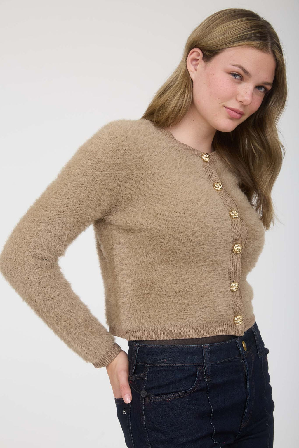 Soft tan fuzzy knit cardigan featuring stylish gold buttons, perfect for adding warmth to any outfit from this Long Island fashion boutique.