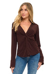 Brown collared twist front top with long sleeves and a deep V-neck, perfect for stylish Long Island boutique fashion.