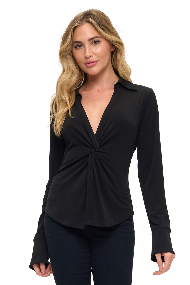 Sleek black collared twist front top with long sleeves, featuring a flattering V-neckline, perfect for chic Long Island boutique fashion.