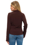 Fitted collared twist front top in rich brown, featuring long sleeves and a stylish back detail, perfect for Long Island boutique fashion.
